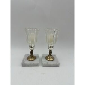 VTG  Silver‎ & Gold Tone White Marble Base Candlestick Holders Set Of 2 7.5"